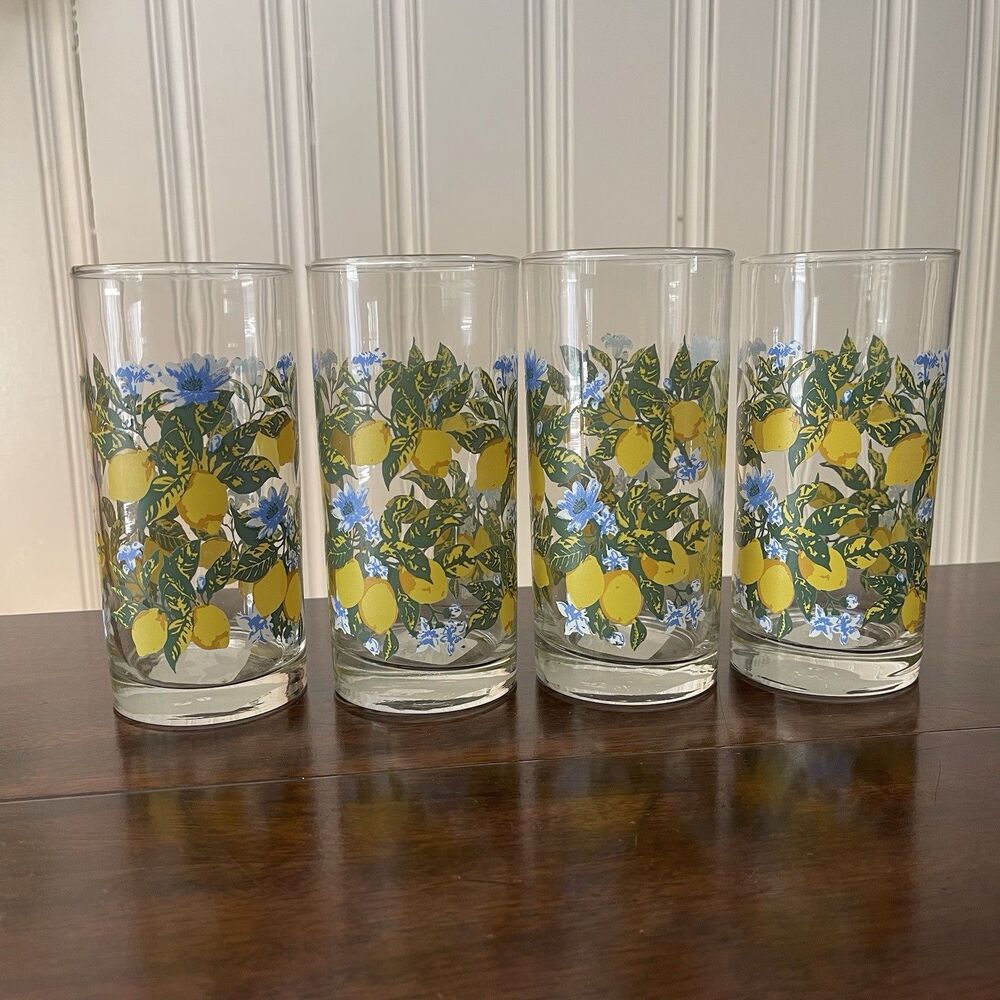 Royal Norfolk Set Of 4 Blue Lemon Floral 16 Oz Tall Iced Tea Drinking Glasses
